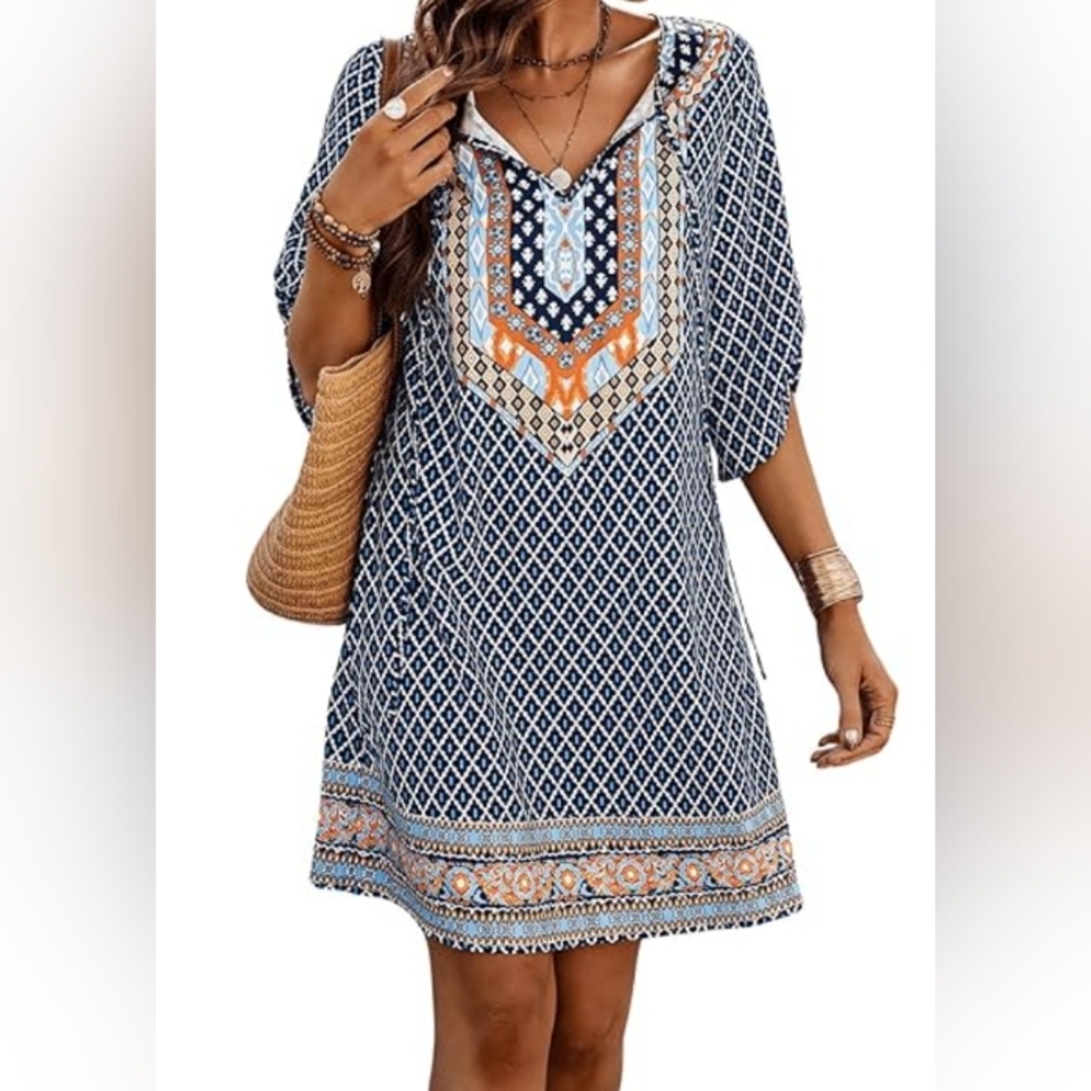 WDIRARA Women's Boho Tribal Print V Neck Short Sleeve Mini Dress